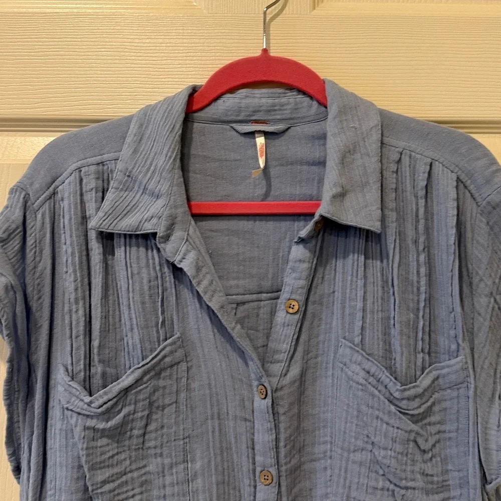 Free People Button Down Mini Dress Tunic Short Sleeve 100%Cotton Small Oversized